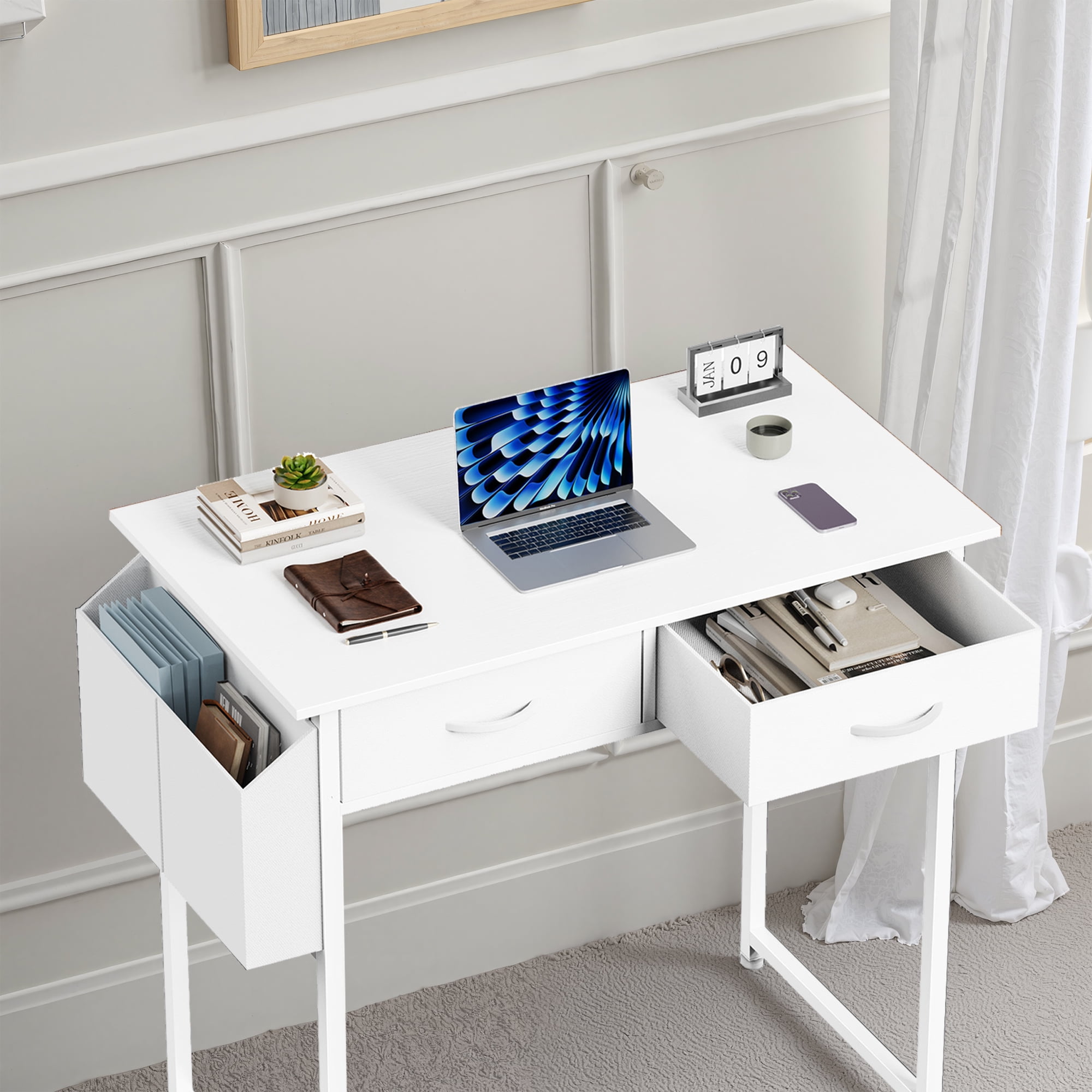 MAYEERTY 32in Adjustable Small Computer Desk, Metal Writing Study Table with Storage and Headphone Hook, Home Office