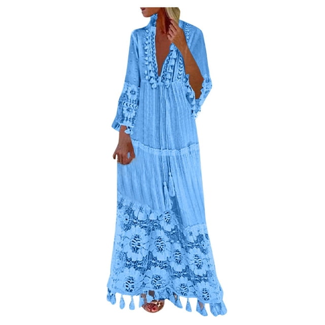 JGGSPWM Robe Maxi pour Femmes à Col en V en Dentelle Patchwork à Manches Longues Boho Printemps Été Décontractée Fluide à Étages Robe Bohème Bleu Clair 2TG