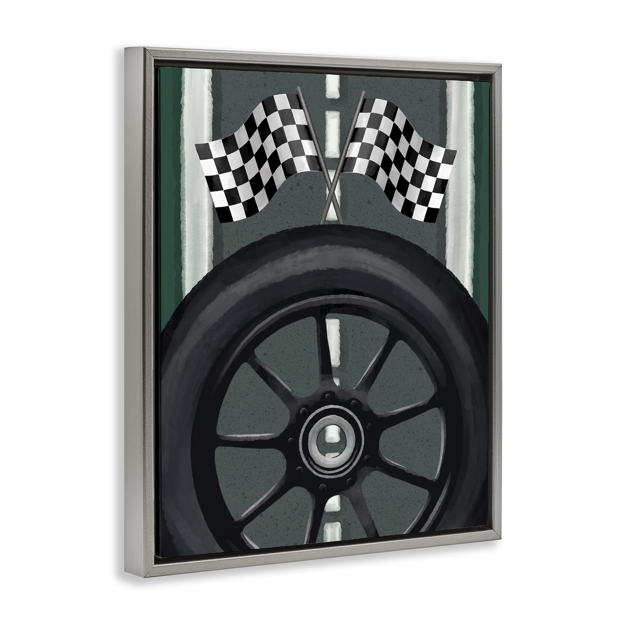 Stupell Industries Racetrack Flags & Tire Gray Framed Floater Canvas Wall Art, design by Jennifer Stith