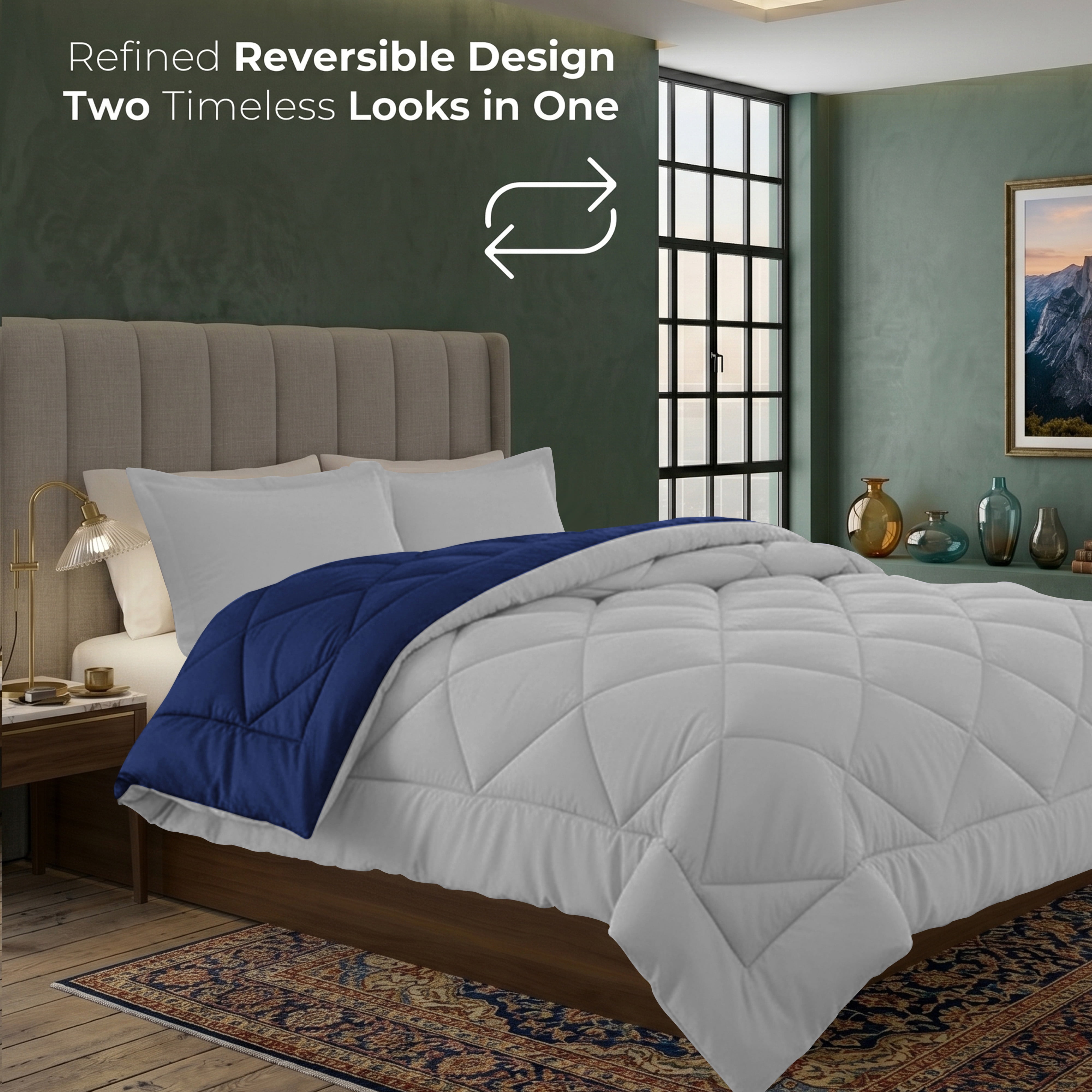Elegant Comfort Classic Collection Luxury Power Reversible Comforter, Navy/Silver Diamond-Stitching Bedding Set, Full/Queen