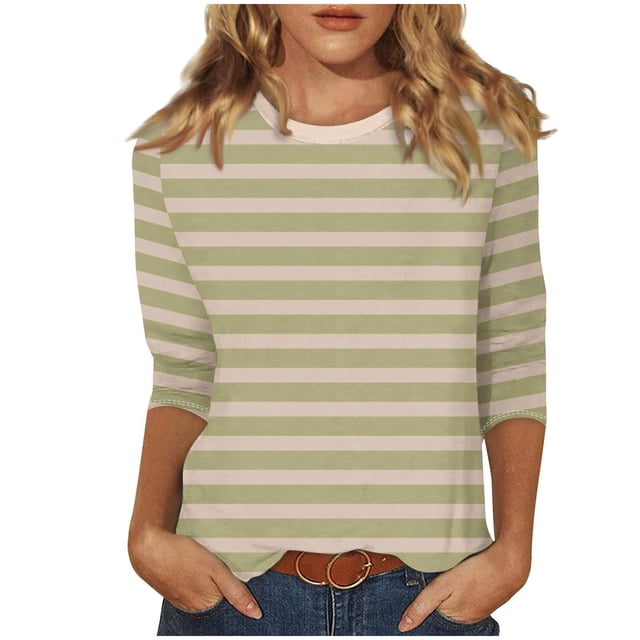 Annhoo Hauts d'Automne pour Femmes 2025 Mode Manches 3/4 Col Ras du Cou Chandails à Enfiler Chemises Décontractées Confort Blouses à Rayures Imprimées