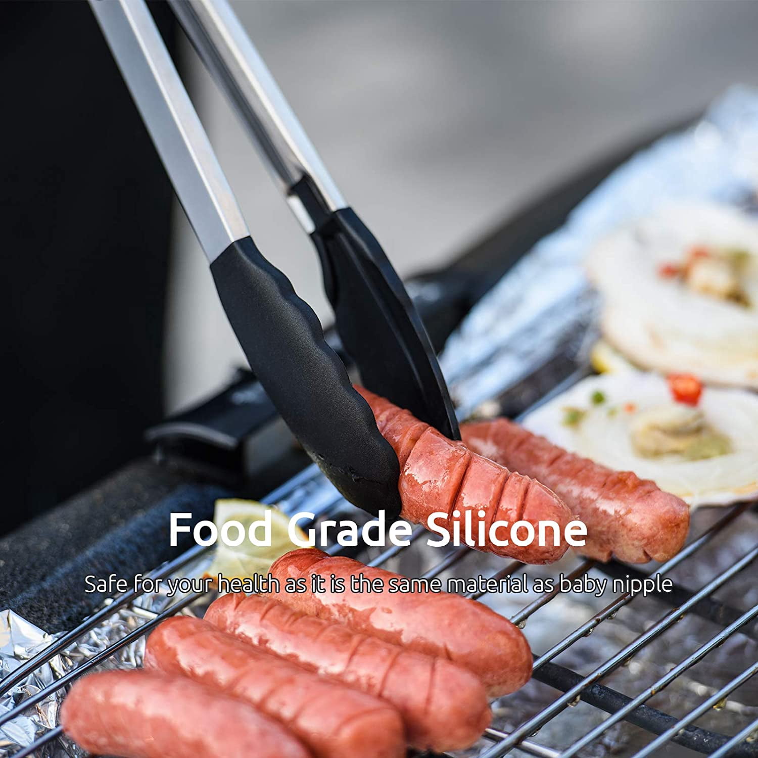 600°F Heat Resistant Kitchen Tongs: U-Taste 7/9/12 inch Silicone Cooking Tong Set with Non Stick Rubber Tips and Silicon Coated 18/8 Stainless Steel Handle for Serving Grilling Salad(Black)