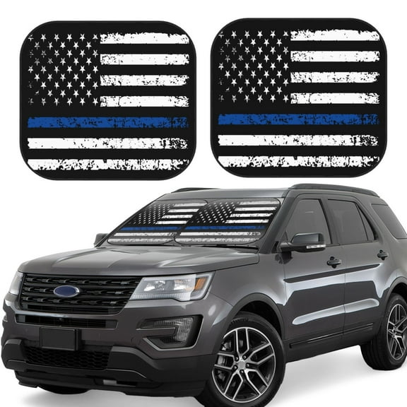 Hirioo Thin Blue Line Flag for 2PCS Windshield Sun Shade Foldable | Front Windshield Shade for Sun, Heat and UV Rays-Small