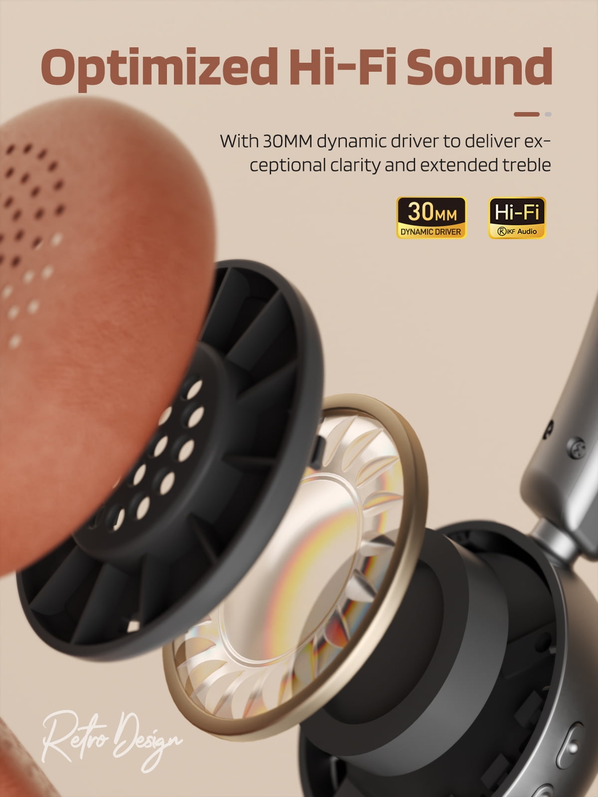 iKF R1 Wireless Retro Wireless Headphones Bluetooth 5.3 APP Custom Sound 60 Hours Playtime Game Mode Noise Isolation Built-in Microphone Throwback 80s 90s Design (Brown)