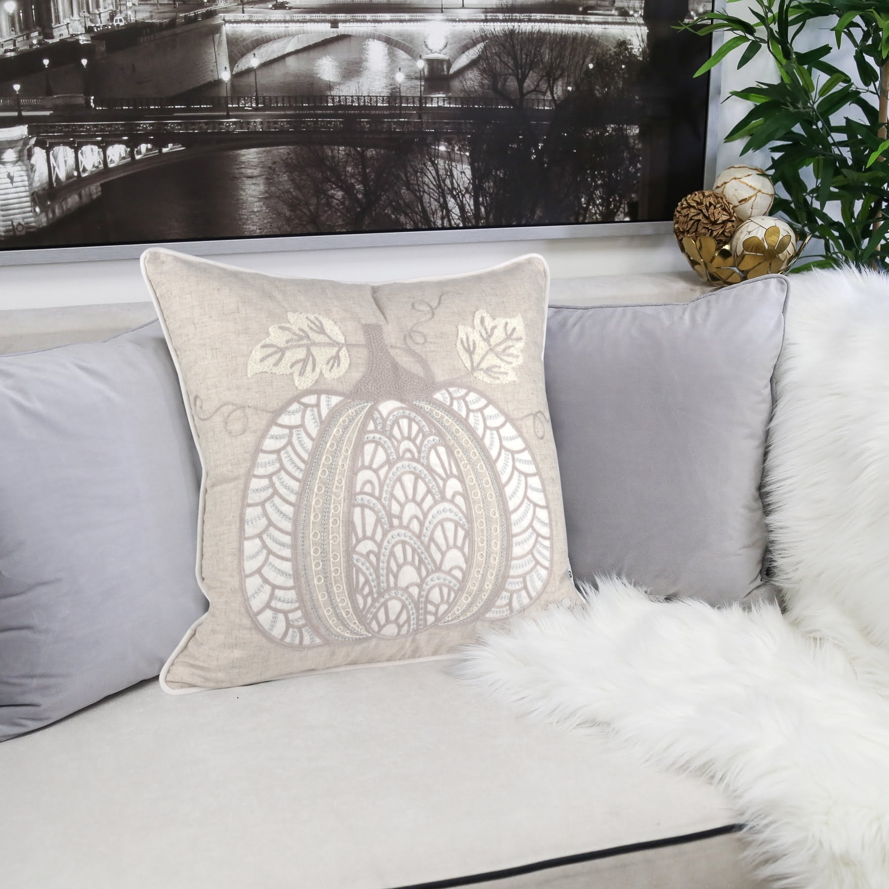 Holiday Harvest Beige Embroidered Pumpkin Graphic Polyester 20 in. x 20 in. Decorative Throw Pillow