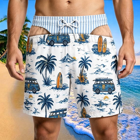 Novelty Cutout Funny Swim Trunks Men US Flag Print Drawstring Quick Dry Beach Board Shorts