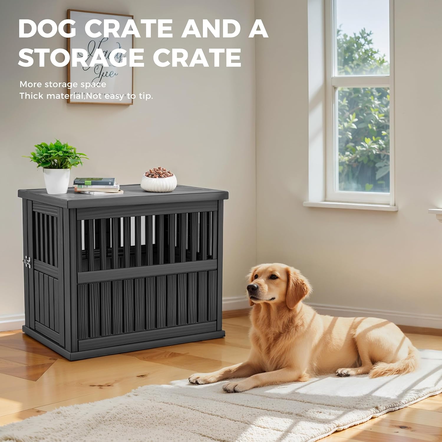 Modern Resin Dog Crate End Table – 2-in-1 Indoor Kennel with Secure Latch for All Sizes – Side/Night Table, Light Brown, 29.6x21.3x25.3in