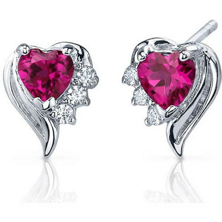 Heart Shaped Ruby Earrings - 1.50 Carat T.G.W. Heart-Shape Created Ruby CZ Rhodium over Sterling Silver Stud Earrings