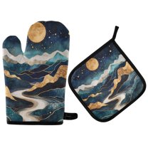 Yayeee Oven Mitts and Pot Holder Set of 2 Heat Resistant Kitchen Gloves Baking Hot Pad, Green Mountains