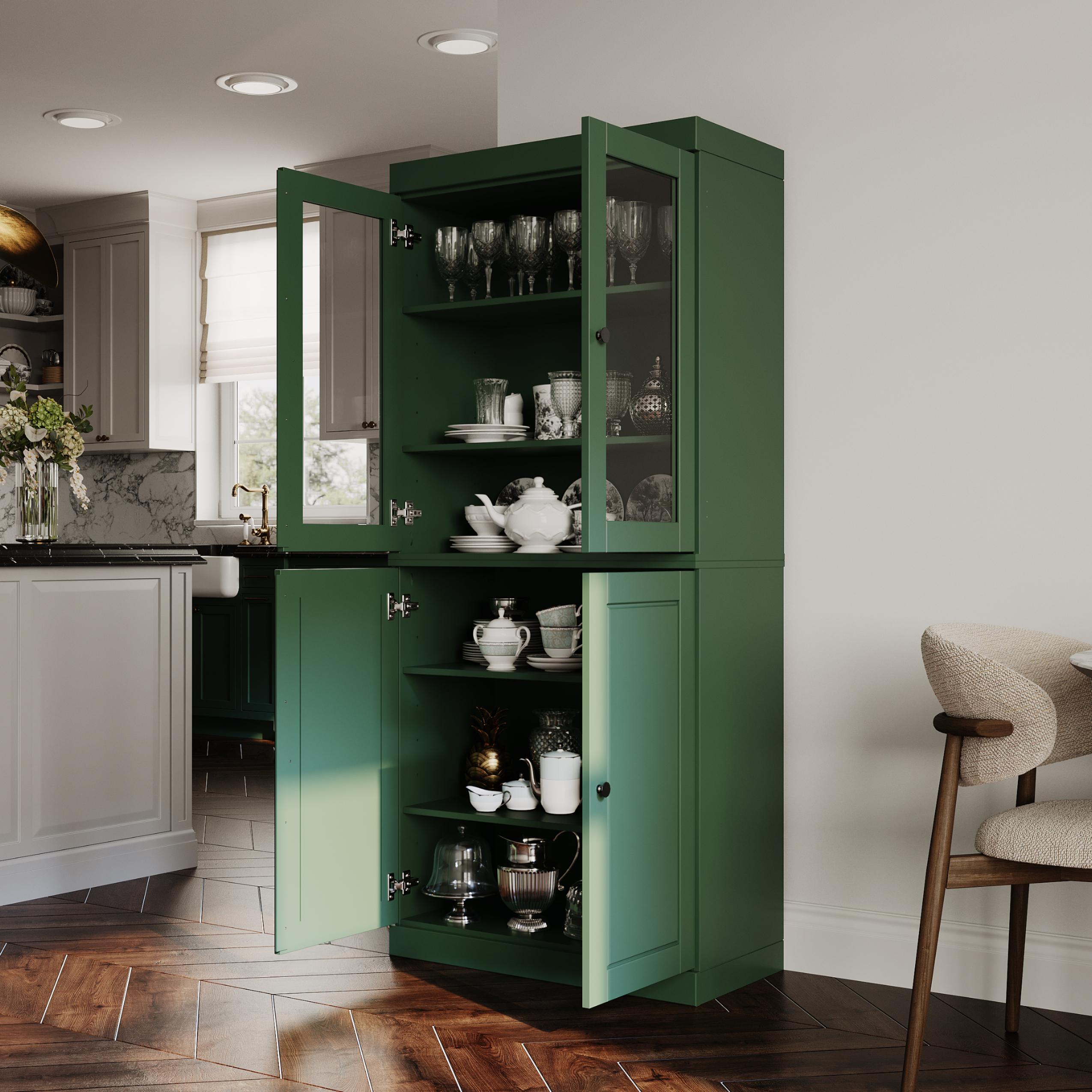 Palace Imports 100% Solid Wood Kitchen Pantry Storage Cabinet with Glass & Raised Panel Doors and Adjustable Shelves, 4-Door, Green