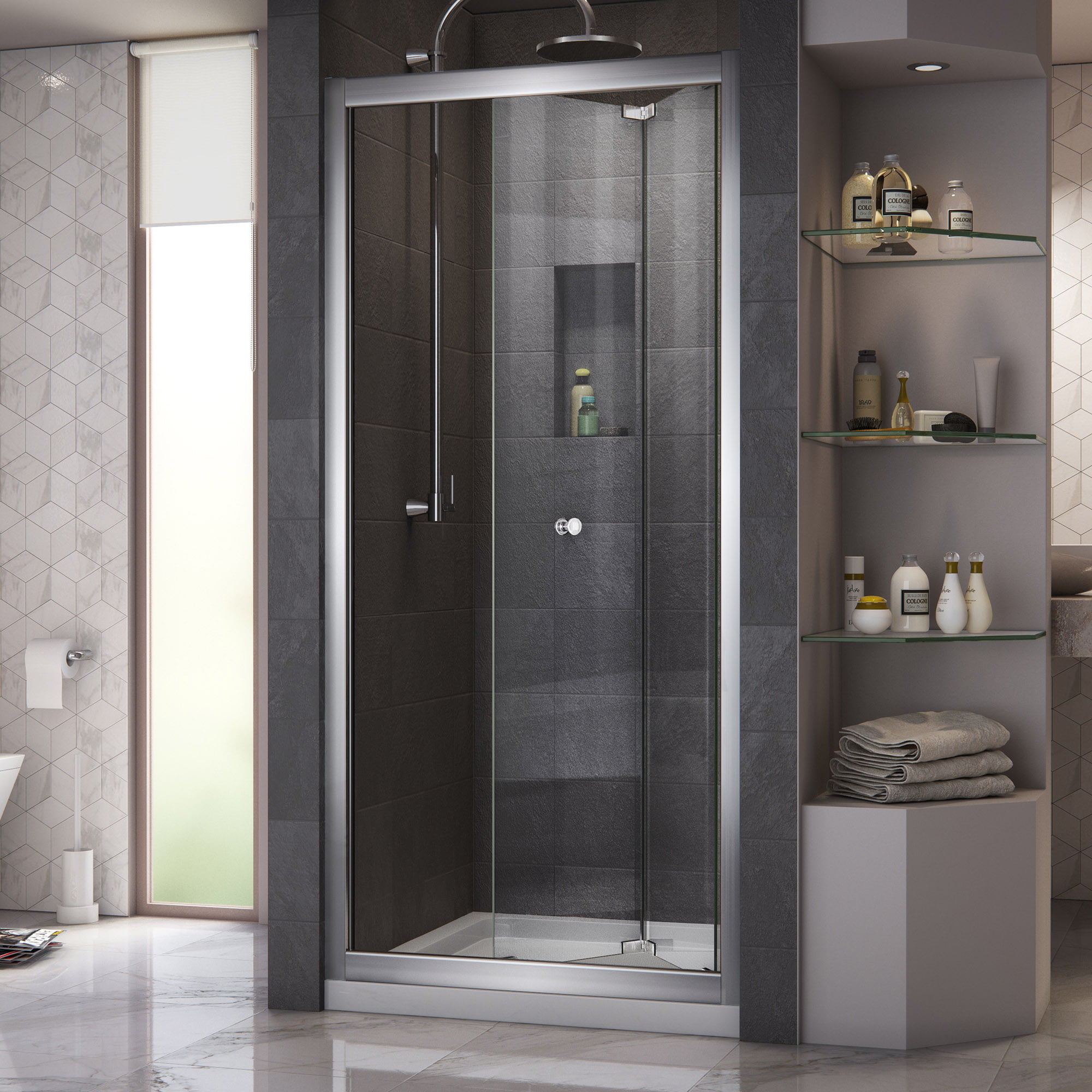 DreamLine Butterfly 32 in. D x 32 in. W x 74 3/4 in. H Sliding Bi-Fold Shower Door in Chrome with Center Drain Biscuit Base Kit