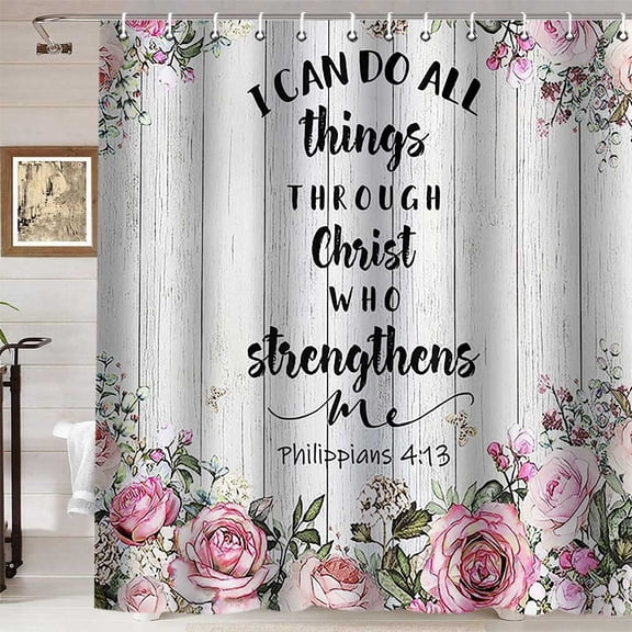 Floral Shower Curtain, Inspirational Quotes Country Pink Flower Peony Wildflower Botanical Green Leaves Rustic Farmhouse Bathroom Decor, Waterproof White Fabric Shower Curtain, 72 X 72 Inch