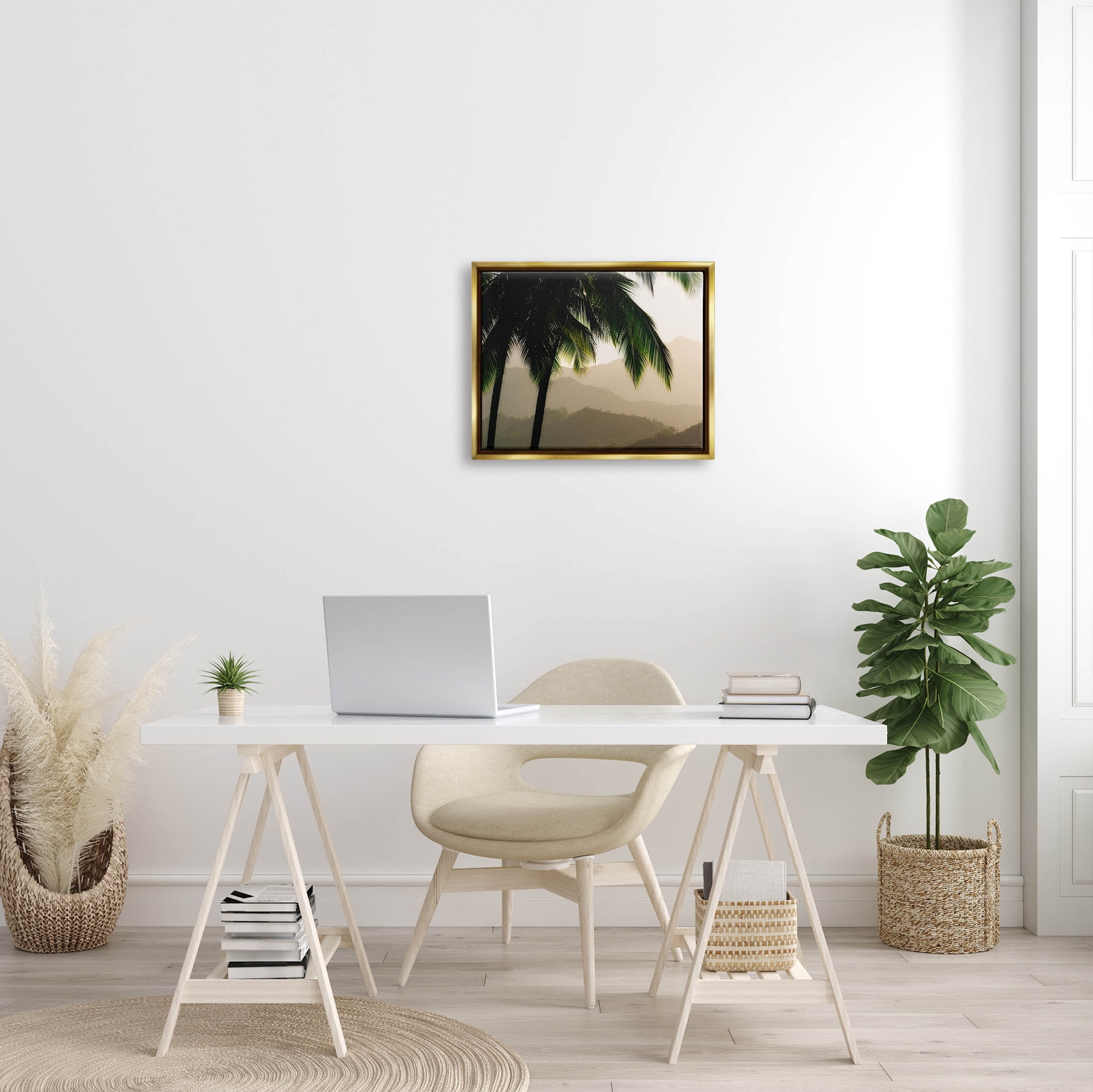 Stupell Industries Palm Trees At Sunrise Mountain Range Photograph Metallic Gold Floating Framed Canvas Print Wall Art, Design by Dennis Frates