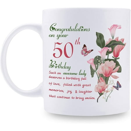 

50th Birthday Gifts for Women - Congratulations on Your 50th Birthday Awesome Lady Mug - 50th Birthday Gifts for Wife Mom Friend Sister Aunt Coworker - 11oz Coffee Mug