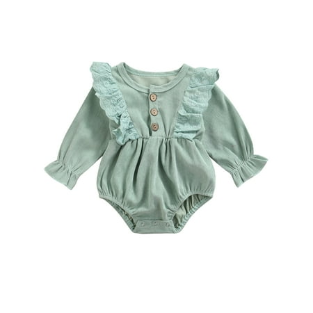 

Canrulo Newborn Baby Girls Cute Lace Floral Romper Corduroy Ruffle Long Sleeve Button Jumpsuit Clothes Green 12-18 Months