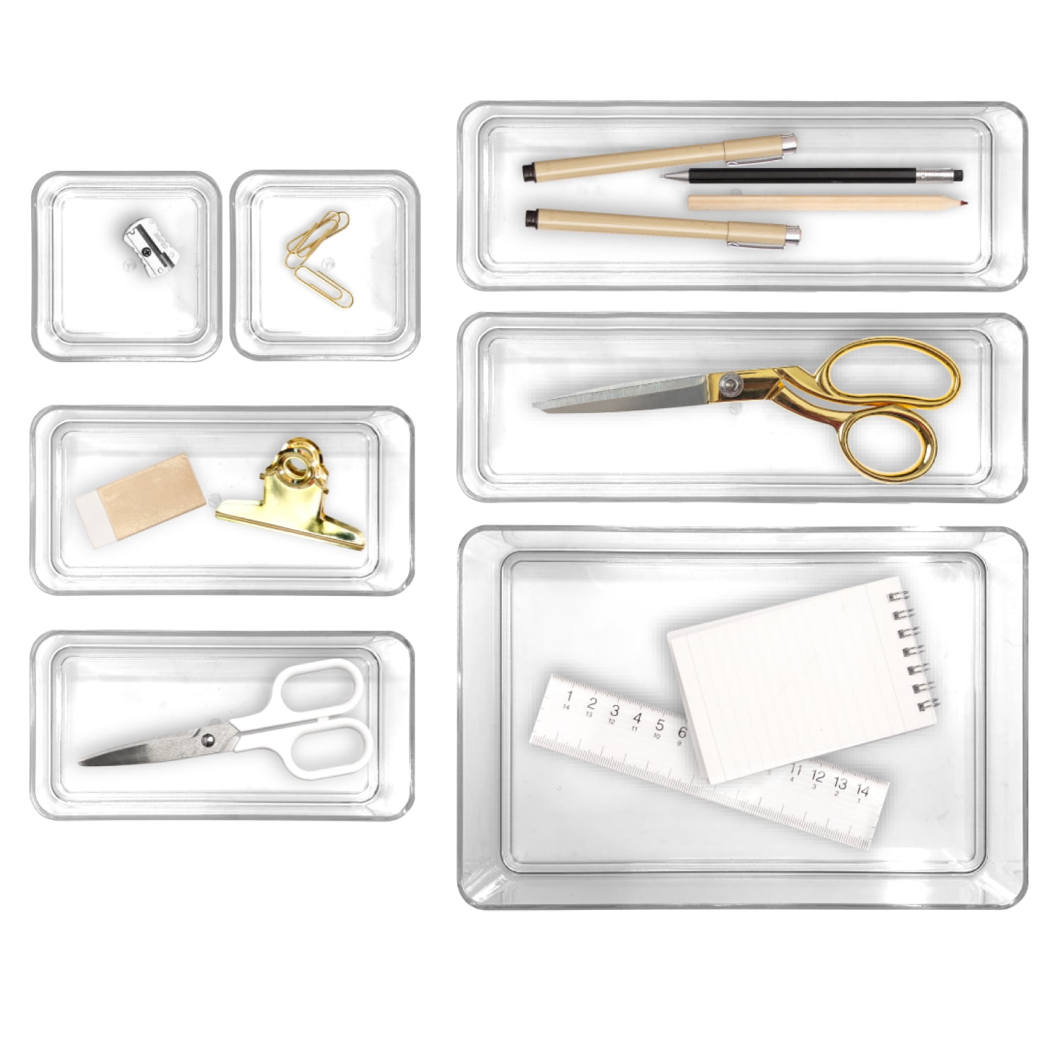Isaac Jacobs Clear Stackable Drawer Organizer Set, 7-Piece – Multi-Size Plastic Storage Bins for Kitchen, Bathroom, Vanity, Office, and Home Organization
