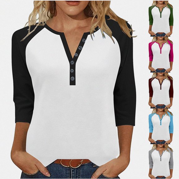 Teylalorva Women's Button Blouse V-Neck 3/4 Sleeve Raglan Loose Lightweight Top Black Size L