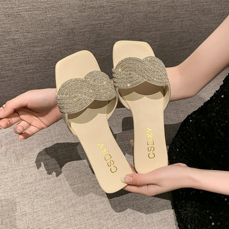 New 2024 Summer Flat Heel Rhinestone Ladies Shoes Women Fashion Rhinestones Sandals High quality Outdoor Beach Slides Slippers