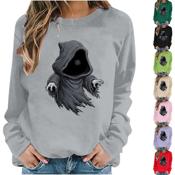 Halloween Fleece Lined Sweatshirts For Women Fall Crewneck Long Sleeve Ghost Printed Casual Pullover Tops S-XXL