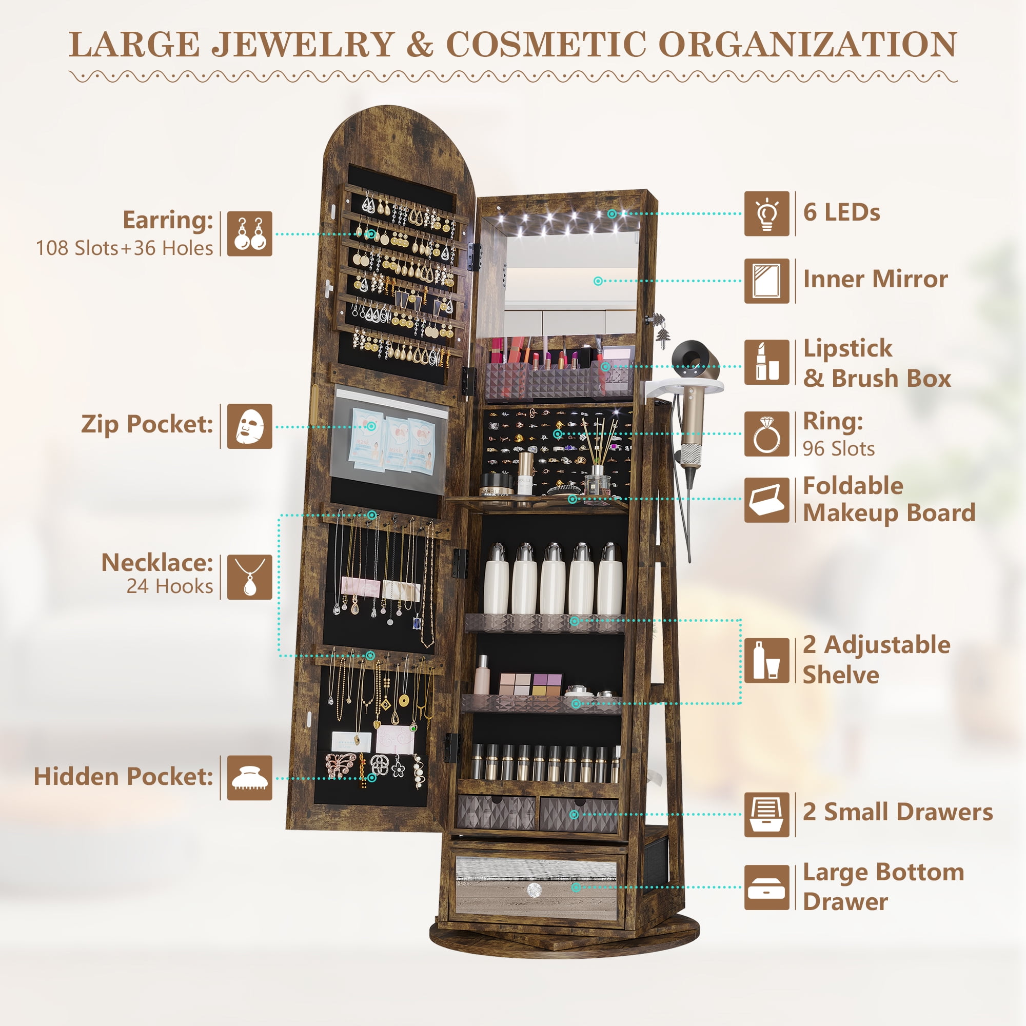 Perfume Closet　LOGO STAND MIRROR　スタンドミラー 360 Swivel Mirror Jewelry Cabinet Standing 6 LEDs Jewelry
