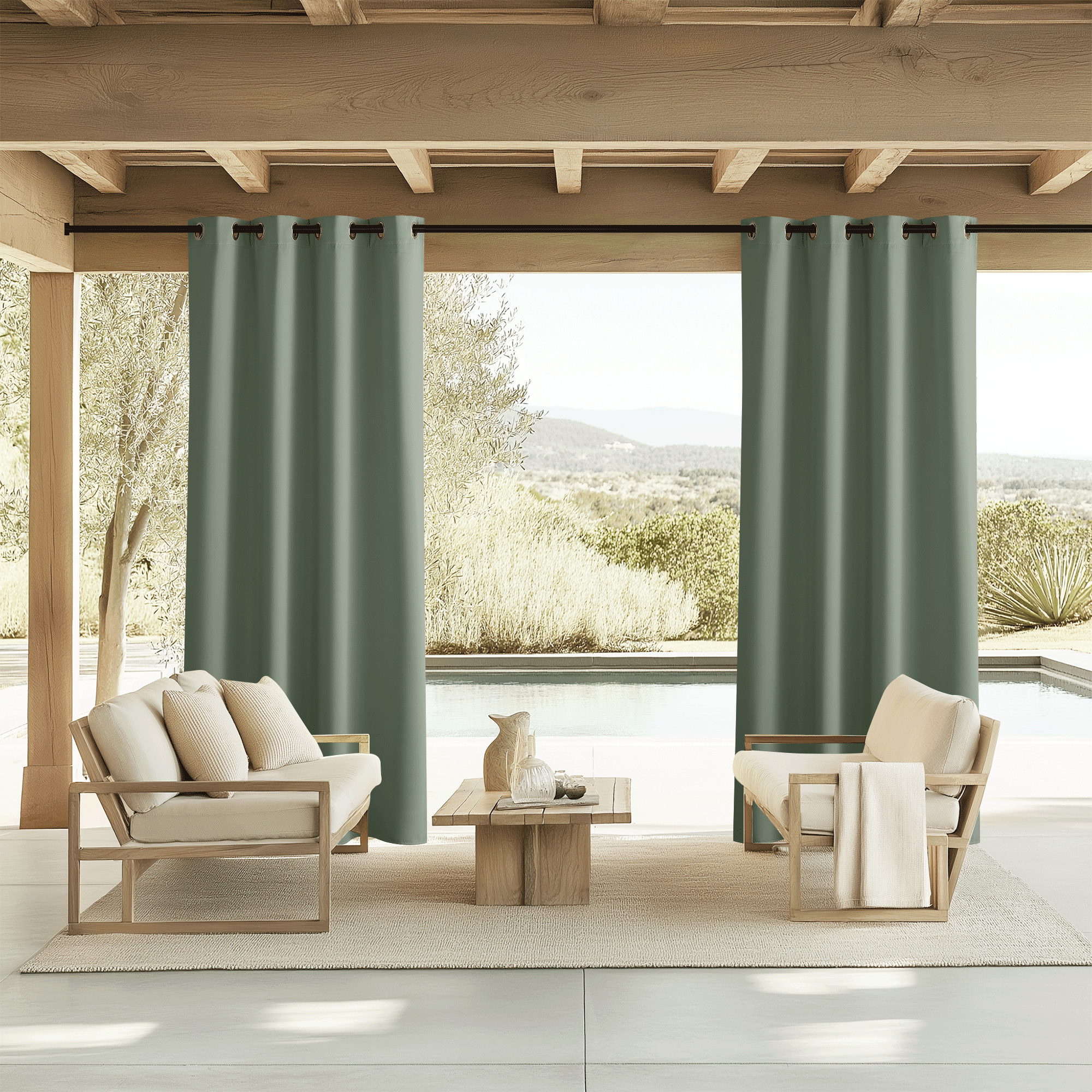 NICETOWN Outdoor Waterproof Curtains for Pergola Blackout Solid Thermal Insulation Drapes, W52 x L95, Set of 2, Greyish Green