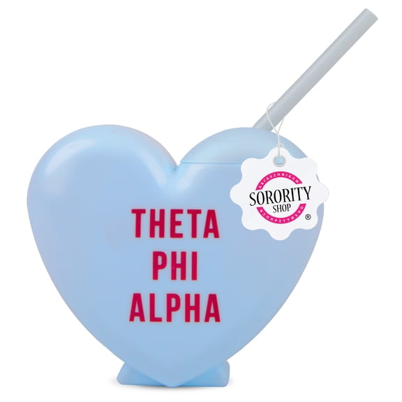 Theta Phi Alpha Tumbler with Straw - Candy Heart Shaped 16 Oz Tumbler with Lid and Silicone Straw, Reusable Plastic Cup with Screen Printed Sorority Name for any Cold Drink