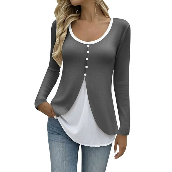 YUGYXL Women's Fake Two-Piece Dressy T-Shirts Long Sleeve Crewneck Casual Shirts Soft Comfy Business Office Blouse Dark Gray M