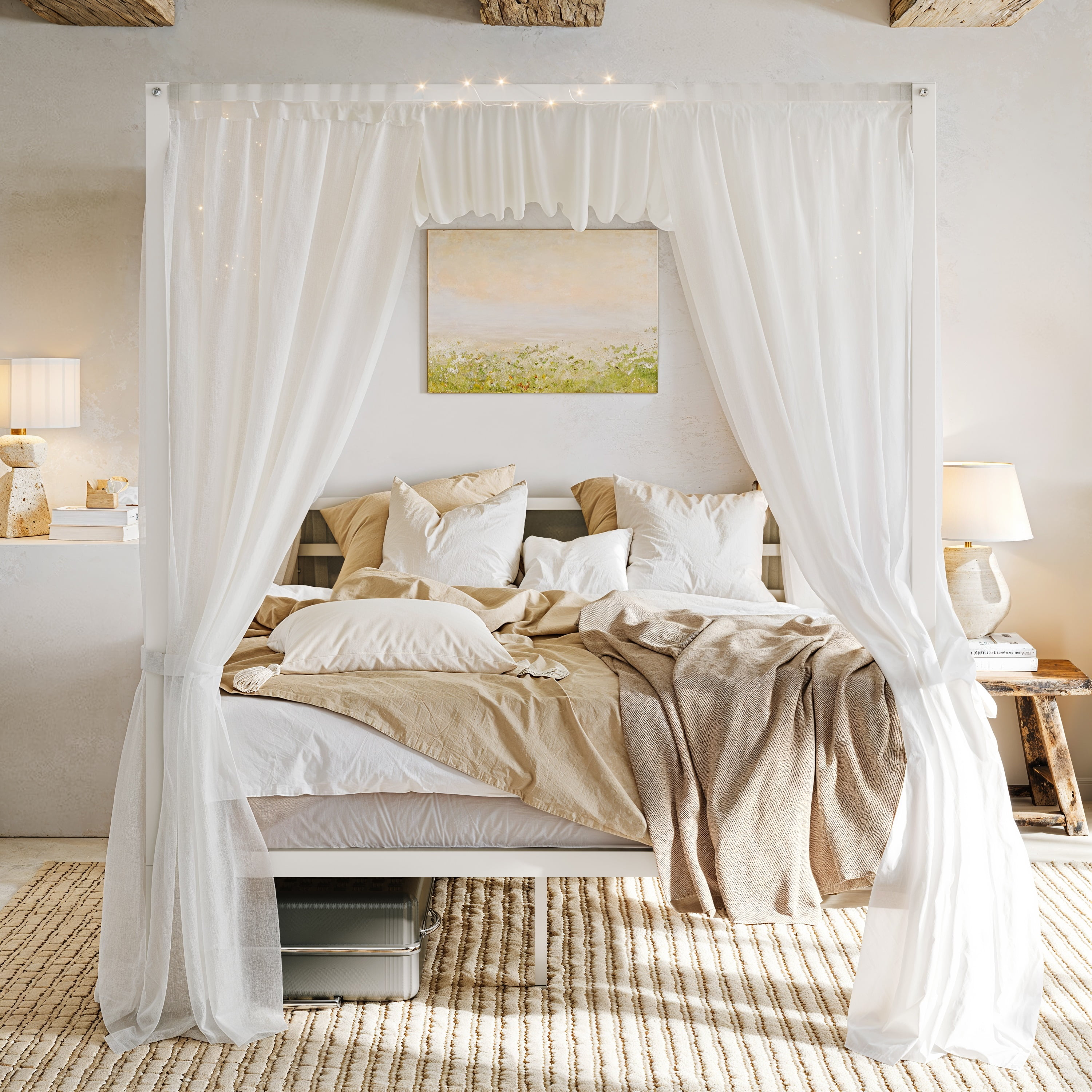 Einfach Full Size Canopy Bed Frame with Metal Headboard, No Box Spring Needed, White