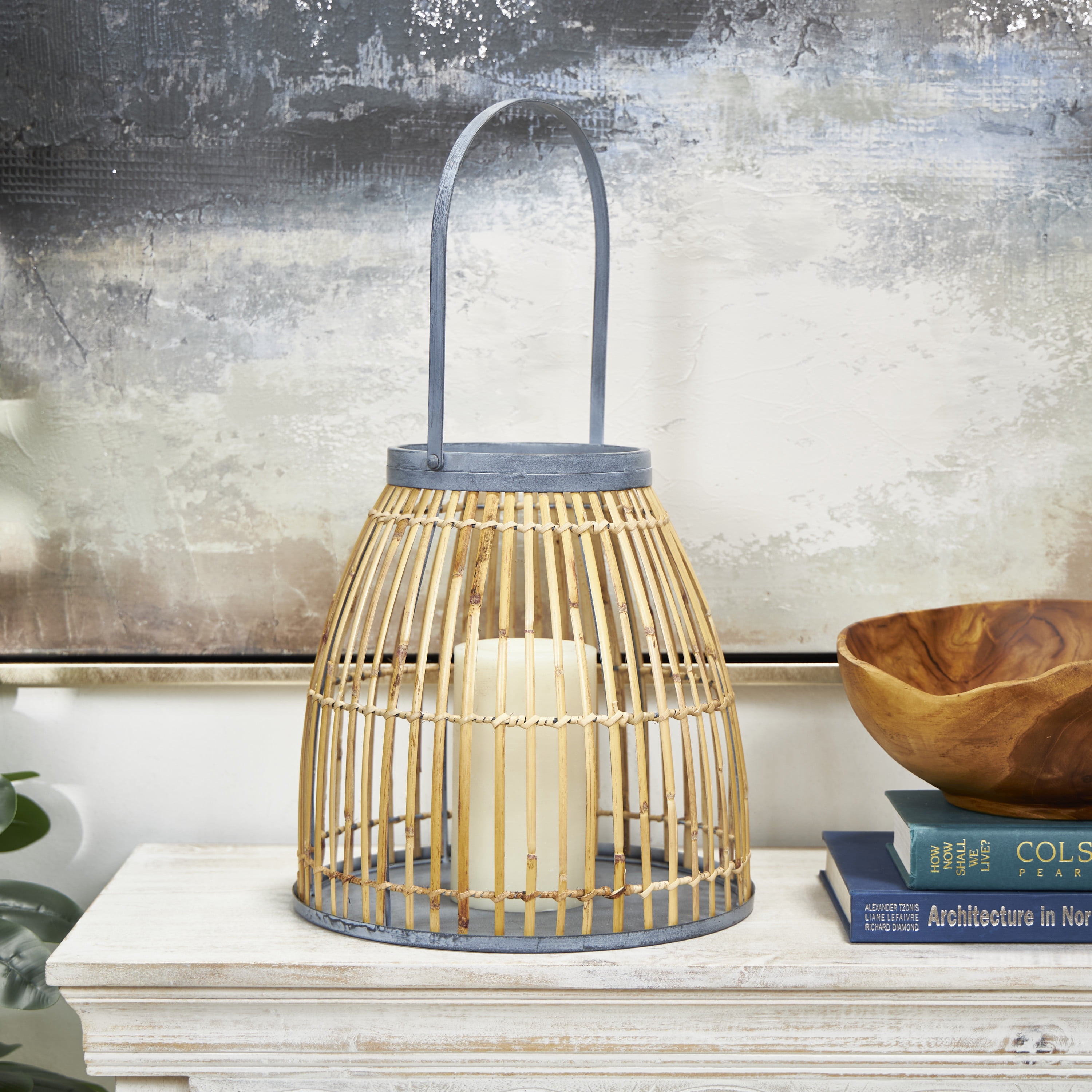 DecMode Brown Bamboo Handmade Woven Open Framed Caged Style Candle Lantern with Blue Metal Accents and Handle