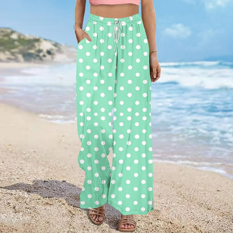 Women's Cotton Linen Palazzo Pants Tropical Print Split Wide Leg