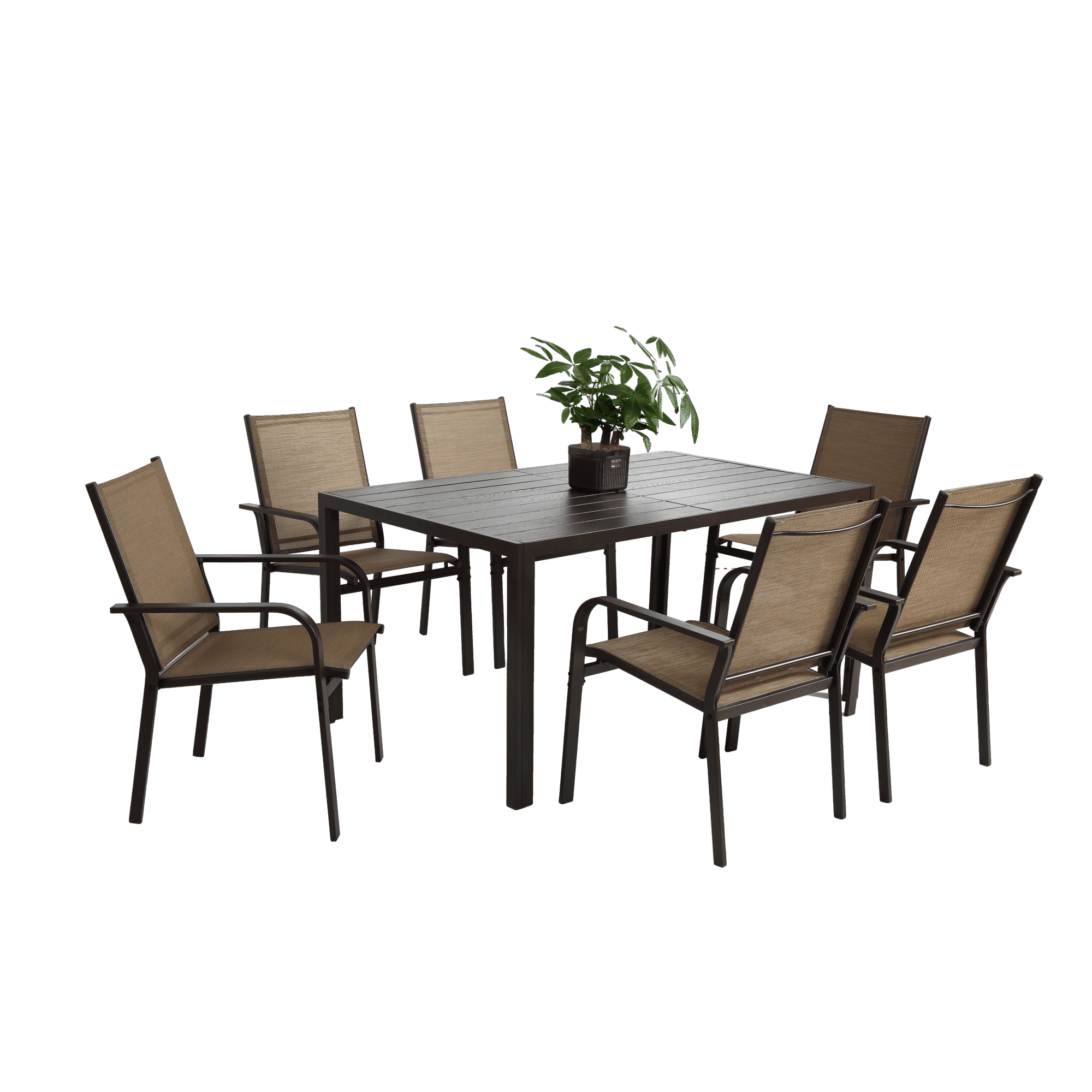 Leumius 7 Pieces Outdoor Patio Dining Set,Patio Dining Table Set for 6 Persons, Garden Textilene Dining Furniture Set with 6 Stackable Chairs,Patio Conversation Set for Garden Backyard Deck,Brown