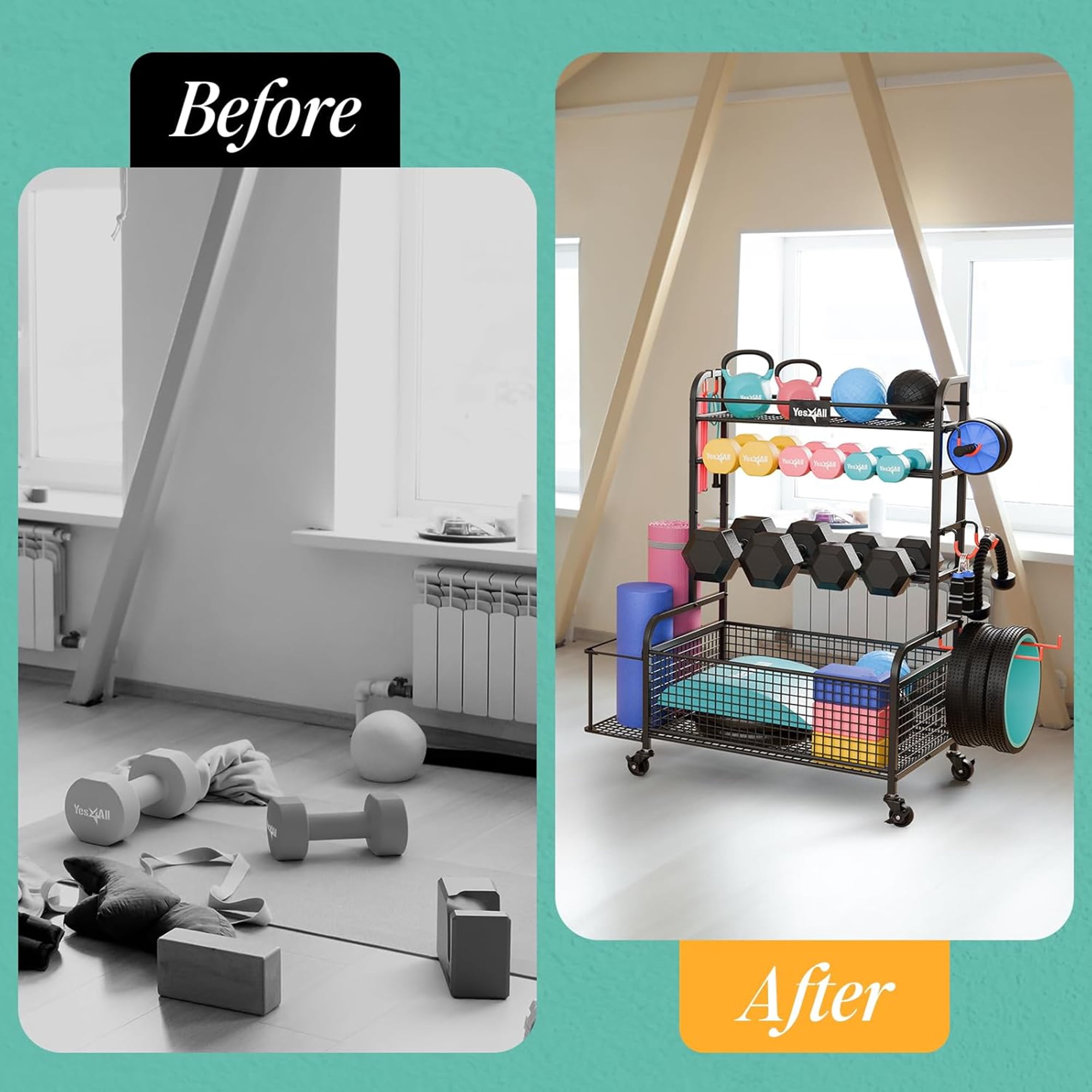 Yes4All Dumbbell Rack, Weight Rack for Home Gym, Sports Equipment Organizer for Dumbbells Kettlebells Yoga Mat Foam Roller and Balls, All in One Gym Workout Storage with Wheels and Hooks, Black