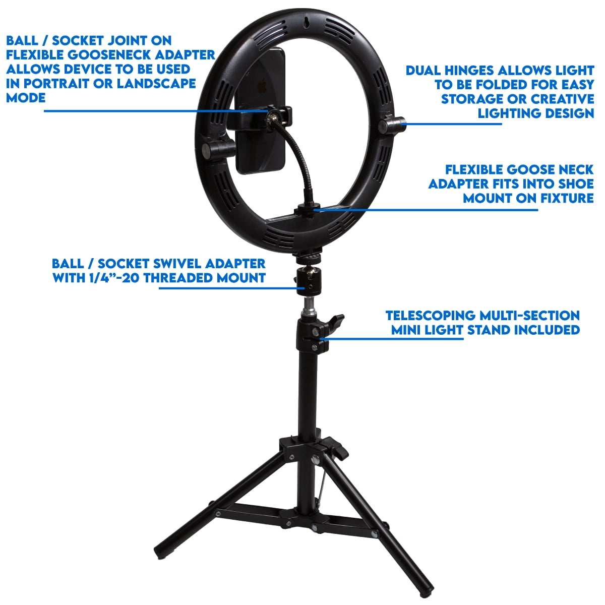 Dracast Halo Plus Series LED100 | Bi-Color 2700K - 5600K | Compact Foldable LED Video Ring Light | Mini Stand Kit