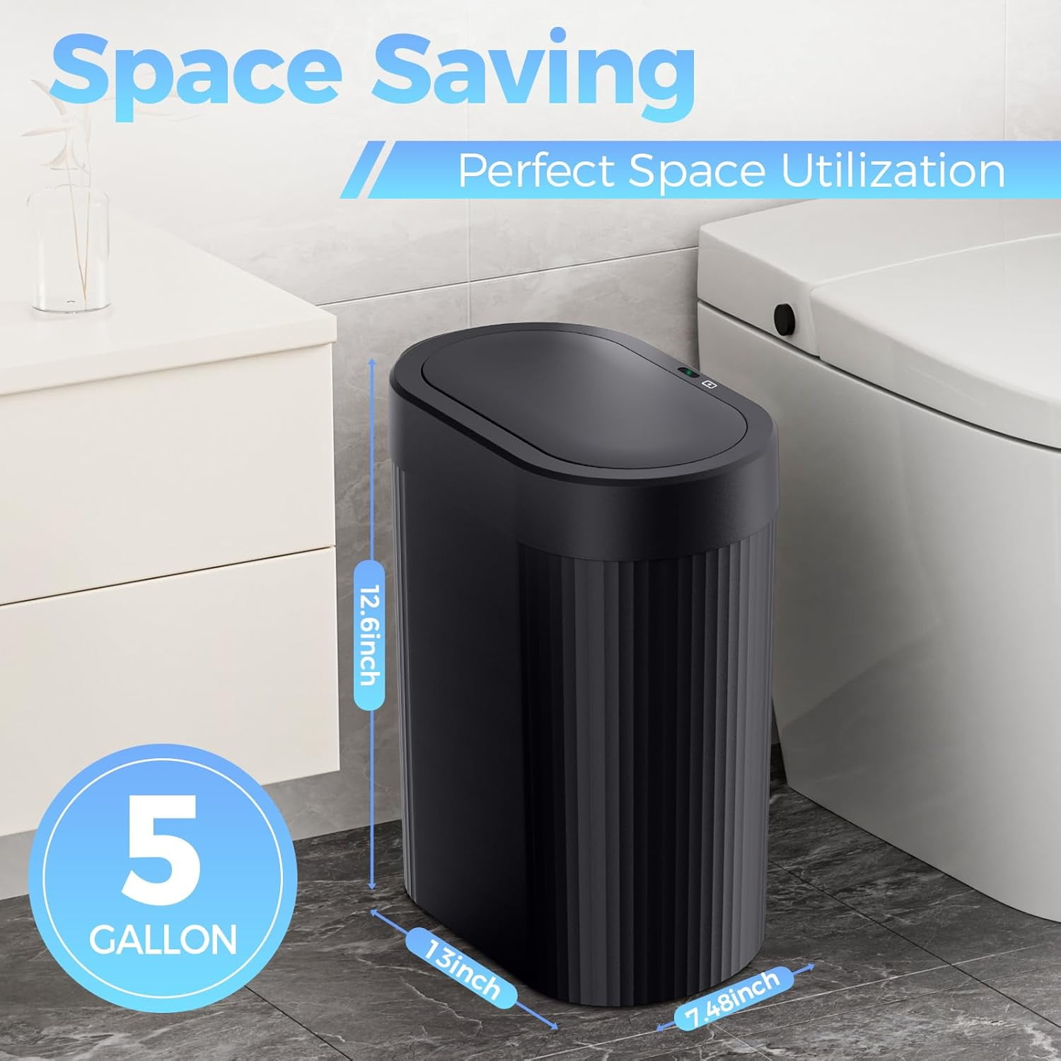 2 Pack 5 Gallon Bathroom Trash Can with Lid, Automatic Motion Sensor Black Trash Can, Touchless Slim Waterproof Garbage Bin for Kitchen, Bedroom, Office, and Bathroom