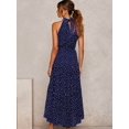thumbnail image 6 of Women'S Summer Polka Dot Print Sleeveless Halter Neck Flowy Ruffle Hem Long Boho Dresses with Belt Blue XL, 6 of 7