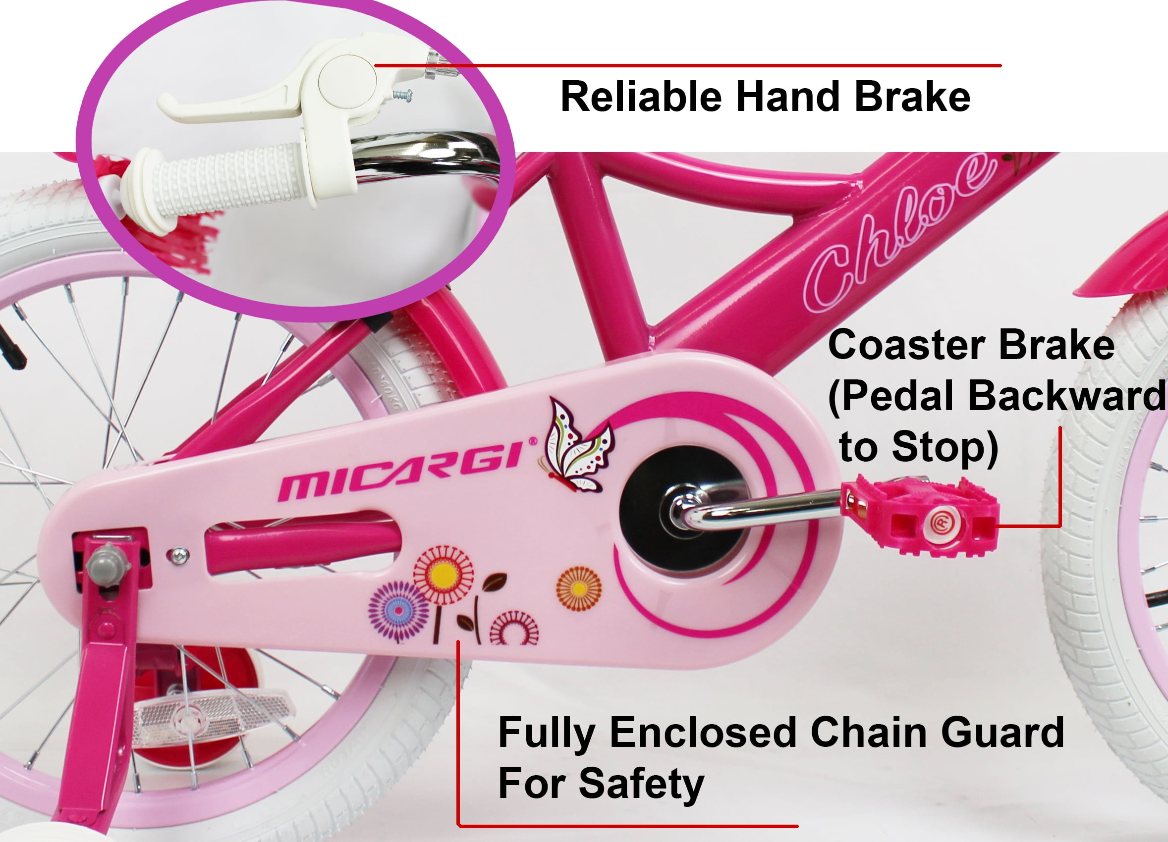 Micargi 16" inch Girl Kids Bike with Basket Girls with Training Wheels 4 5 6 7 Year Princess Toddler Barbie Pink