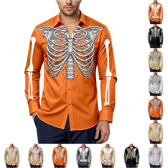 LIIPEE Halloween Graphic Shirt For Men Long Sleeve Turn Down Collar Button Up Shirts Male Autumn Comfortable Breathable Tops,XXL