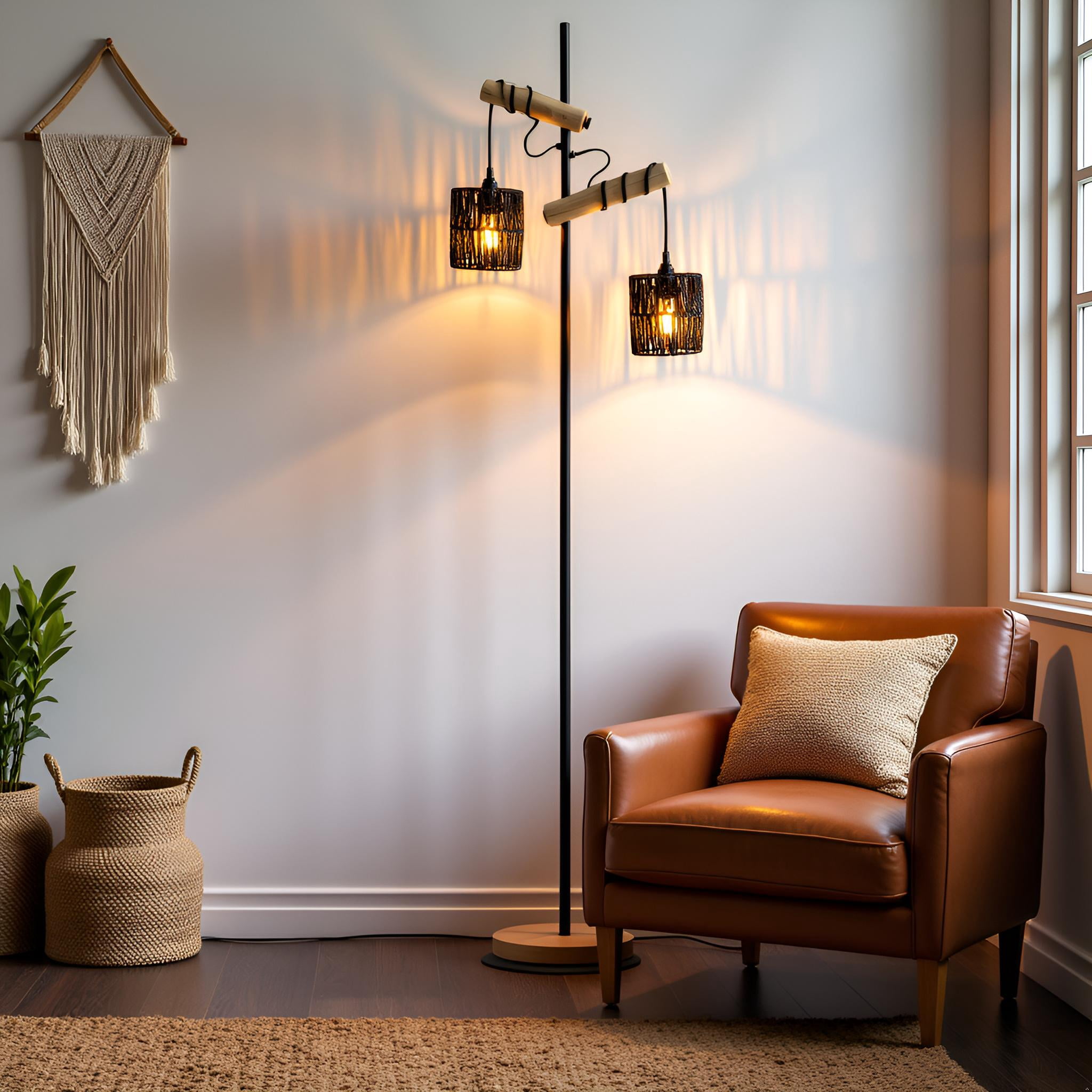 Farmhouse Floor lamp Double Head Vintage Floor Tree, Wooden Standing lamp for Living Room，Bedroom, Rustic Floor Lamp with Black Finish