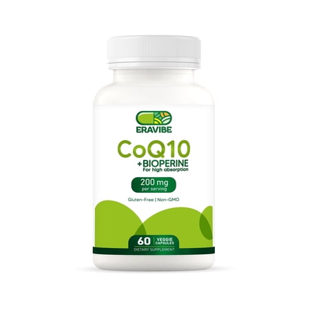 Eravibe CoQ10 200mg with Bioperine, High Absorption Antioxidant Supplement, 60 Veggie Capsules