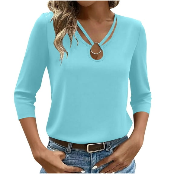 SnZhen Women Casual 3/4 Sleeve Tops Ladies Solid Color V-neck Leisure Cropped Sleeve Top with Ring Design