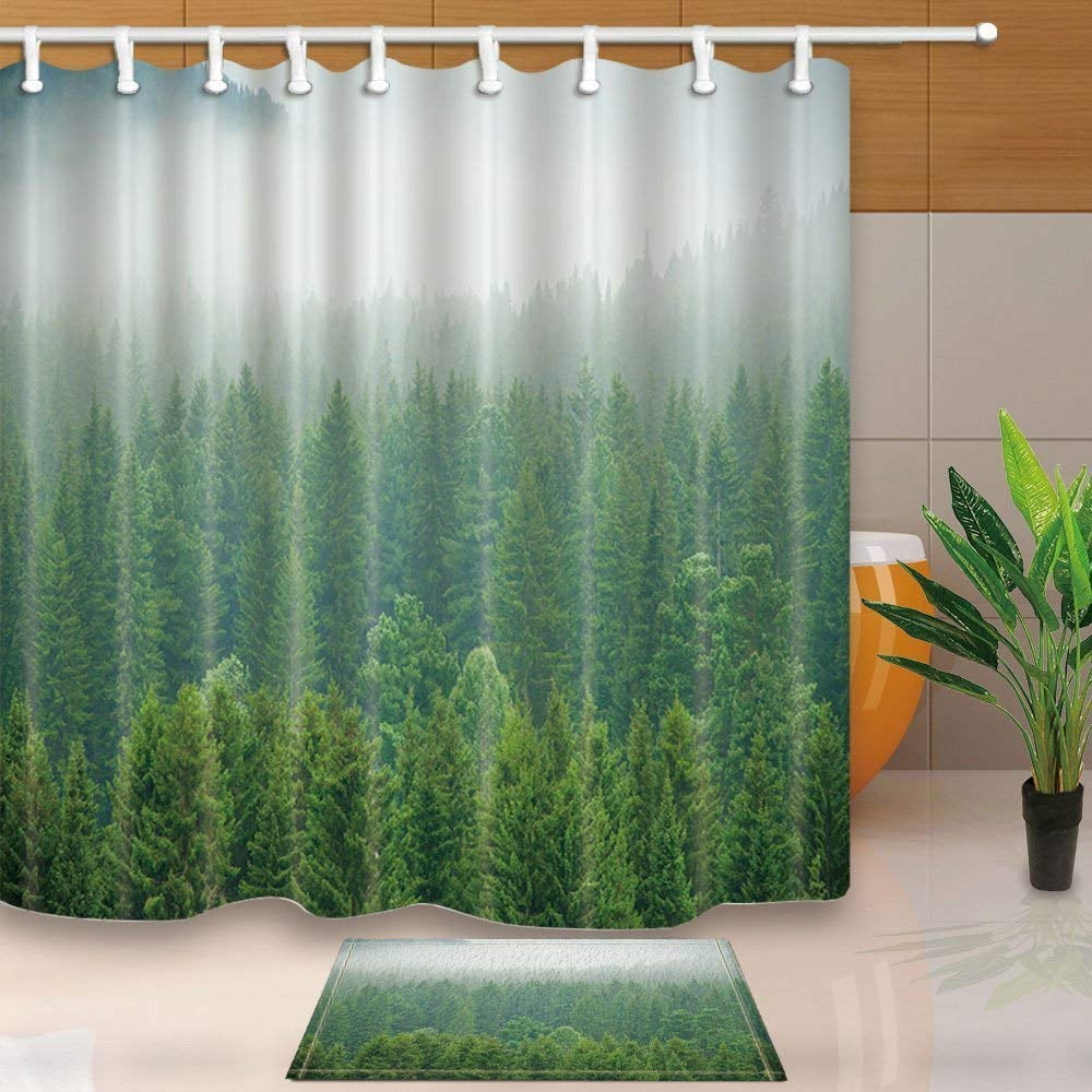 BPBOP Forest Decor Green Trees with Dense Fog Shower Curtain 66x72