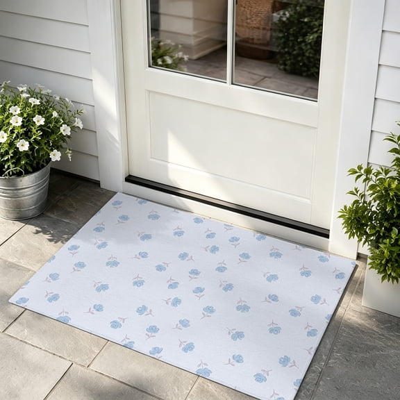 Door Mat 16x24in Farmhouse Summer Landscape Absorbent Non-Slip Washable Doormat Floral Blue Flowers Dirt Trapping Low Profile Entryway Rug, Indoor Outdoor Welcome Mat for Home Entrance