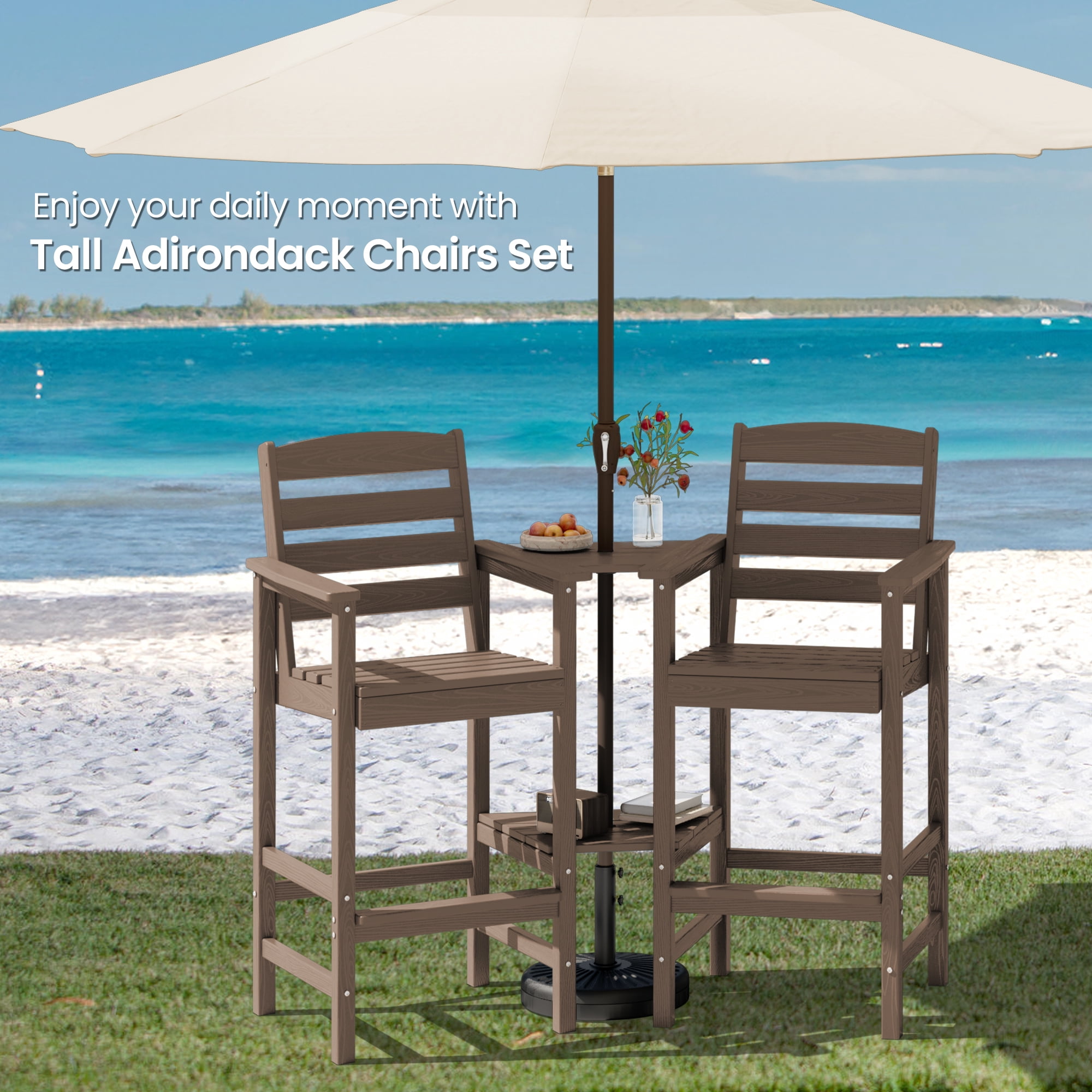 SERWALL Tall Adirondack Chairs Set of 2 with Connecting Table,  HDPE Adirondack Outdoor Barstools, Brown
