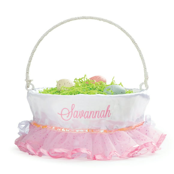 Personalized Planet Pink and White Tutu Liner with Custom Name Embroidered in Pink Thread on White Woven Spring Easter Basket with Collapsible Handle for Egg Hunt or Book Toy Storage