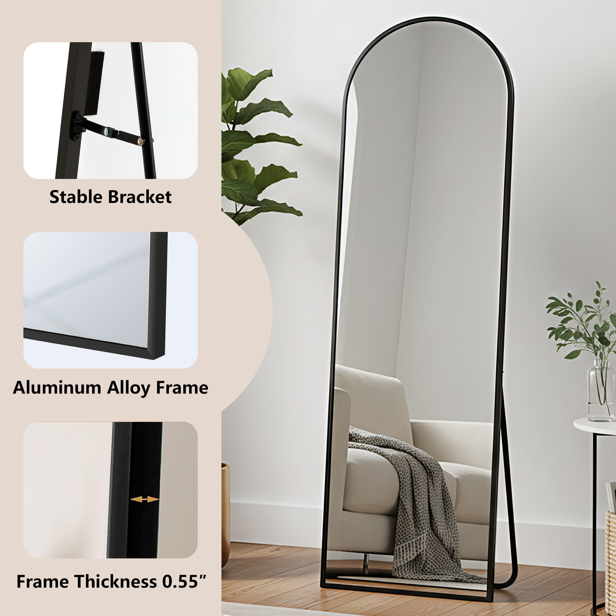 MAYEERTY Black Arch Full Length Mirror, Wall Mount or Freestanding for Bedroom/Living Room, 64" × 21"
