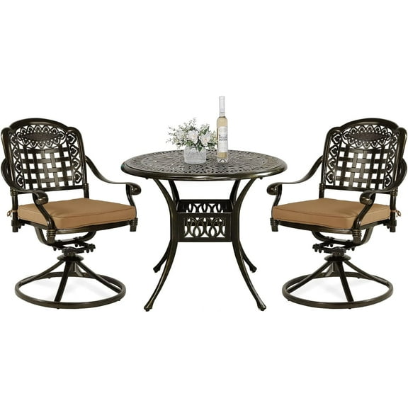 VIVIJASON 3-Piece Patio Bistro Set, Outdoor All-Weather Cast Aluminum Furniture Dining Set, Include 2 Swivel Chairs and 34.5" Round Table w/Umbrella Hole for Balcony, Lawn, Garden, Antique Bronze