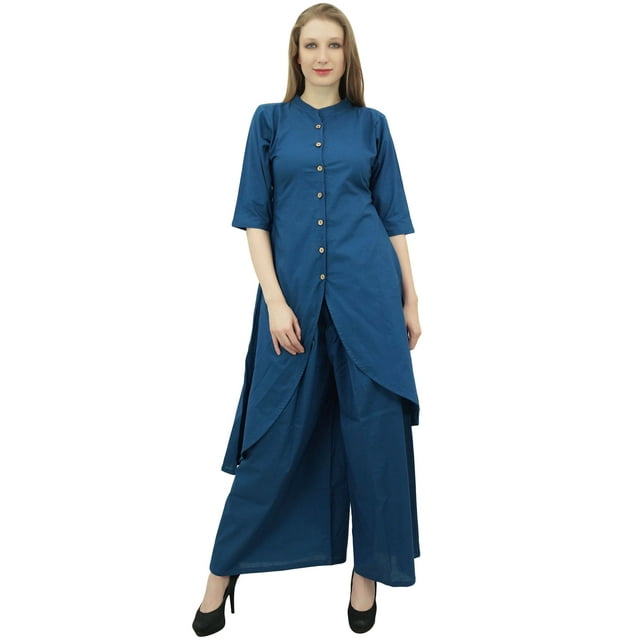 Phagun Vêtements Indiens Kurta Kurti Asymétrique Uni Bleu Sarcelle avec Pantalon Palazzo-10