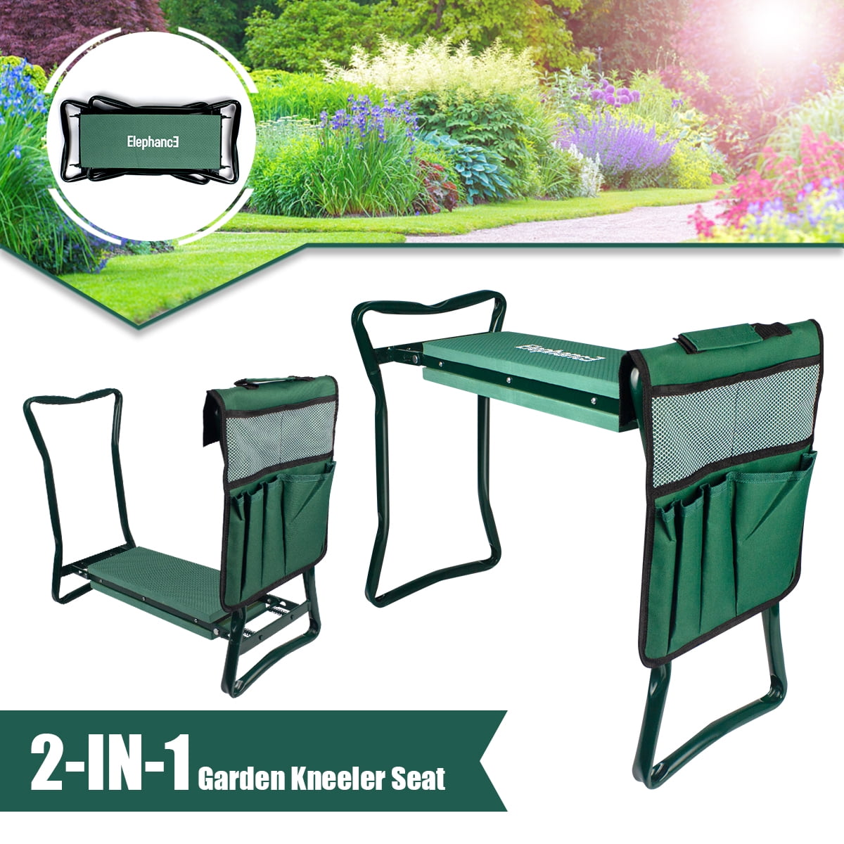 Green Garden Kneeler Sturdy Foldable Portable Bearing 150KG Heavy Duty Stool Gardening Soft Lightweight Protects Knees Outdoor EVA Foam Pad with Tool Pouch Multifunctional Seat