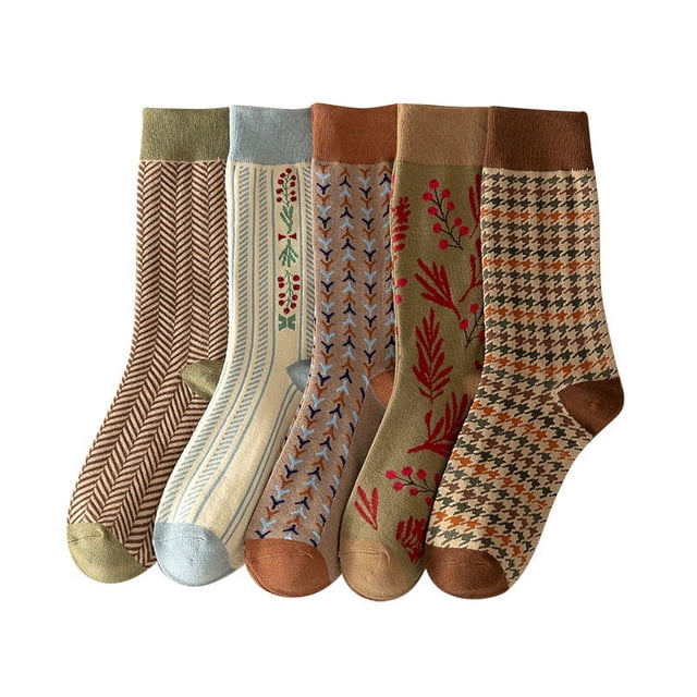 Calcetines apilados de tubo medio engrosados para mujeres engrosadas y cálidas calcetines de algodón retro para mujeres (5 pares)