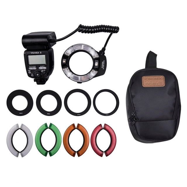 Lámpara flash YONGNUO Professional YN14EX II Kit de luz de flash de anillo macro con anillos adaptadores de pantalla LCD de gran tamaño Filtros de temperatura de color Soporte de montaje de zapata Fla YONGNUO Lámpara flash